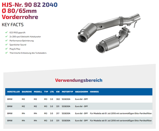 HJS ECE Downpipes mit 200 Zellen Kats für BMW M4 Competition F82 / F83 OPF S55 - mit Zulassung - 90822040